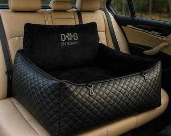 Large Dog Car Seat Booster Bed up to 77 lbs  | Pet Travel Carrier for Car | Custom Eco Leather & Velvet | 3 Safety Belts
