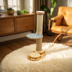 Interactive Cat Scratching Post with Stand - Cat Tower with Scratching Post – Tall Wooden Cat Tree - Sturdy & Stylish Design