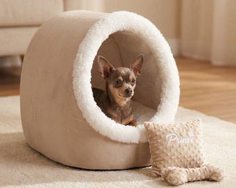 Luxury Pet House for Dogs & Cats, Cozy Cat Cave Bed, Velvet Pet Bed with Pillow and Toys, Personalized Name, Handmade