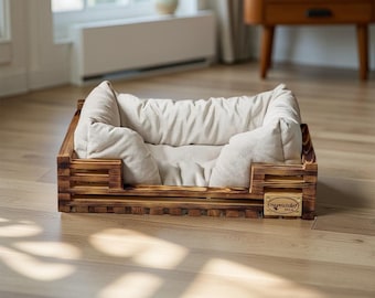 Handmade Wooden Dog Bed, Rustic Style Pet Furniture, Eco-Friendly Loft Design with Comfortable Dog Pillow, Stylish Modern Pet Bed