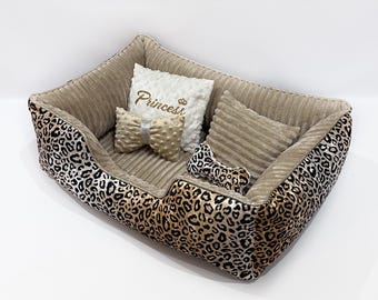 Leopard Print Pet Bed for Cats & Small Dogs with Pillow Toy – Soft Washable Dog Bed, Cozy Cat Cushion, Cute Puppy Sleeping Mat