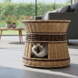 May include: A woven wicker cat house with a light brown and dark brown design. A Siamese cat with blue eyes is inside the cat house. The cat house is round and has an opening for the cat to enter and exit.