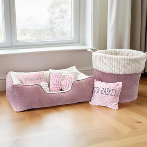 Pink Princess Dog Bed and Toy Basket Set | Small Dog or Cat Bed up to 17.6 lbs | Handmade with Pillows and Toy | Cozy Pet Bed