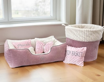 Pink Princess Dog Bed and Toy Basket Set | Small Dog or Cat Bed up to 17.6 lbs | Handmade with Pillows and Toy | Cozy Pet Bed