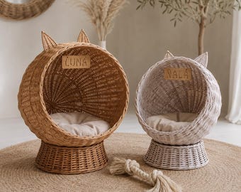クッション付き手編みウィッカーキャットベッド - パーソナライズされたつる型キャットハウス、居心地の良い室内用キャット家具（2色展開）