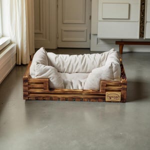 Handmade Wooden Dog Bed, Rustic Style Pet Furniture, Eco-Friendly Loft Design with Comfortable Dog Pillow, Stylish Modern Pet Bed