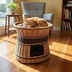 Wicker Cat Bed House 2-in-1 with Cushions | Handmade Cat Cave & Top Bed | Natural or White | Cat Furniture for Small Dogs