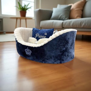 Handmade Pet Bed for Small Dogs and Cats – Blue Velour Nest with Decorative Pillows & Toy – &quot;Prince&quot; or &quot;Princess&quot; Personalized Pillow