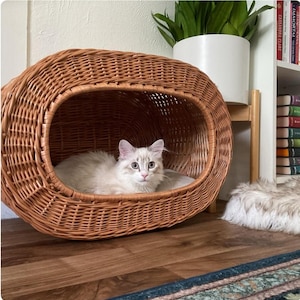 Cozy Wicker Pet House for Cats with Soft Pillow – Eco-Friendly & Comfortable Design, Handmade Cat Bed, Natural Rattan Cat Furniture