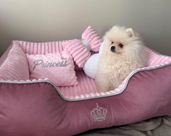 Handmade  Dog Soft Bed, Luxurious and Soft Pink Bed for Small Dogs, Removable Covers, Plush Toy and Decorative Pillows