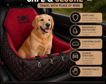 Large Dog Car Seat Booster Bed up to 77 lbs  | Pet Travel Carrier for Car | Custom Eco Leather & Velvet | 3 Safety Belts