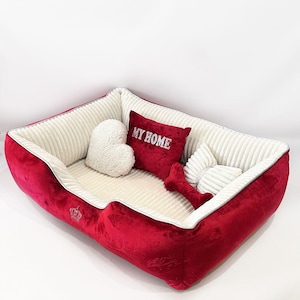 Luxury Large Dog Bed | Washable Red Pet Sofa with Toys and Pillows | Handmade Dog Couch | Soft Dog Furniture | Bed for Big Dogs & Cats