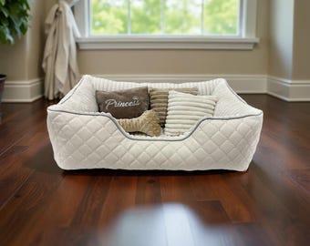 スタイリッシュでソフトな犬用ベッド | 小型・中型犬用の豪華なペットベッド | ハンドメイド | 取り外し可能なカバー | 防水底 | おもちゃの枕付き