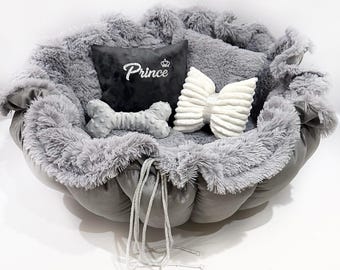 Cama convertible gris para mascotas: nido de descanso suave, elegante y ajustable para gatos y perros pequeños, hecho a mano con felpa de piel sintética.
