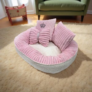 Luxury Pet Bed for Small Dogs & Cats – Princess or Prince Plush Bed, Pink or Gray, Cozy Soft Oval Dog or Cat Bed with Pillows