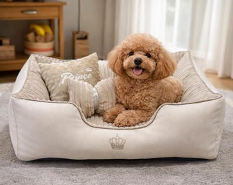 Dog Bed with Pillows & Toys | Handmade Pet Sofa for Cats and Dogs | Washable Cozy Pet Couch | Custom Fabric