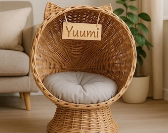 Personalized Wicker Cat and Dog Bed – Handwoven Vine Pets House with Cushion