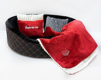 Conjunto de cama preta para cães com cobertor, sofá macio para animais de estimação, cama aconchegante para filhotes, cama lavável para cães, suporta até 16 kg.