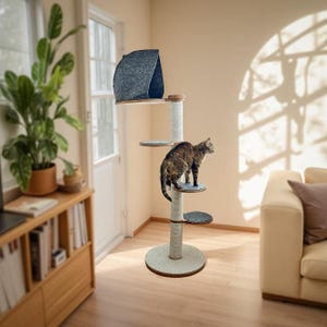 Houten kattentoren met krabpaal | Hoge moderne krabpaal met schuilplaats | Natuurlijk milieuvriendelijk kattenmeubels