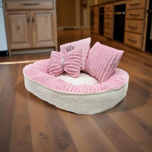 Soft Plush Pet Bed for Small Dogs, Puppies & Cats | Luxury Princess or Prince Oval Bed with Crown Pillow and Toy Bow | Pink or Gray