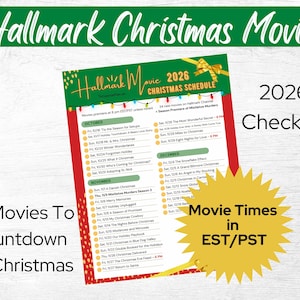 Könnte beinhalten: Eine 2026 Hallmark Weihnachtsfilm-Zeitplan-Checkliste auf einem weißen Blatt mit roten und grünen Rändern. Das Dokument listet 34 Filmtitel nach Monaten geordnet auf und zeigt eine Lichterkette sowie eine goldene Schleifengrafik.