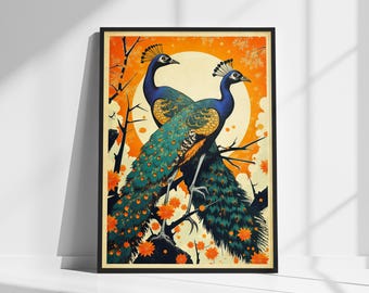 Vintage Peacock Poster -  Illustration of Two Majestic Peacocks | Fine Art Giclée Decor | Home Decor Gift