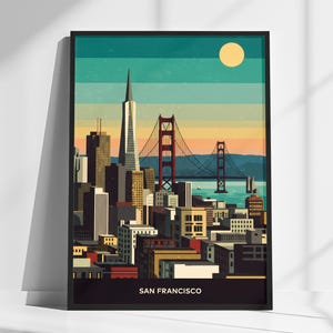 Vintage San Francisco Travel Poster | Golden Gate Bridge & Cityscape | Retro California Art | Home decor