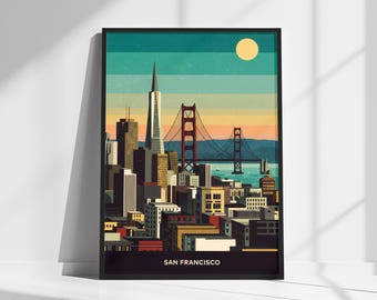 Vintage San Francisco Travel Poster | Golden Gate Bridge & Cityscape | Retro California Art | Home decor