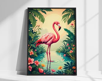 Vintage Flamingo Poster - Retro Colourful Bird Art | Tropical Wall Decor | Home Decor Gift