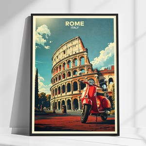 Poster di viaggio vintage di Roma - Colosseo iconico e arte Vespa / Paesaggio urbano italiano retrò per un arredamento classico da viaggio / Regalo per la casa