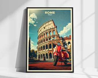 Vintage Rom Reiseplakat - Kultige Kolosseum & Vespa Kunst | Retro italienisches Stadtbild für klassische Fernweh-Dekor | Wohnkultur Geschenk