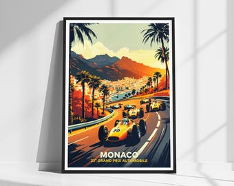 Vintage Monaco Grand Prix Poster - Retro Racing Cars Art | Classic Motorsport Decor for Car Enthusiasts | Home Decor Gift