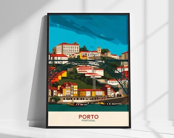 Vintage Porto Portugal Travel Poster - Retro Cityscape of the Douro River - Classic European Travel Art