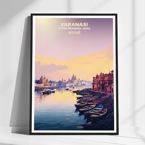 Vintage Varanasi Reiseplakat - Serene Ganges Kunst | Retro Indien spirituelles Dekor | Wohnkultur Geschenk | Ein Wandbild gegen Fernweh