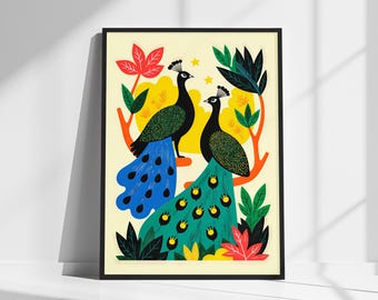 Vintage Peacock Poster - Bold Graphic Illustration of Two Majestic Peacocks | Fine Art Giclée Decor | Home Decor Gift