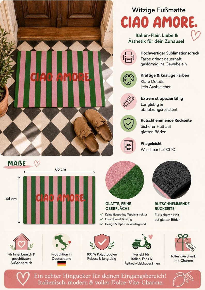 Op de afbeelding: Een rechthoekige deurmat met roze en groene verticale strepen en de woorden "CIAO AMORE" in het rood. De mat is 66 cm lang en 44 cm breed. De mat is ontworpen voor binnen en buiten.