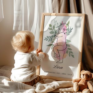 personalisiertes Geburtsposter "Blumenkranz" / Geschenk zur Geburt / Geburtstafel / A4, A3 oder A2 mit Holzrahmen und Plexiglasscheibe
