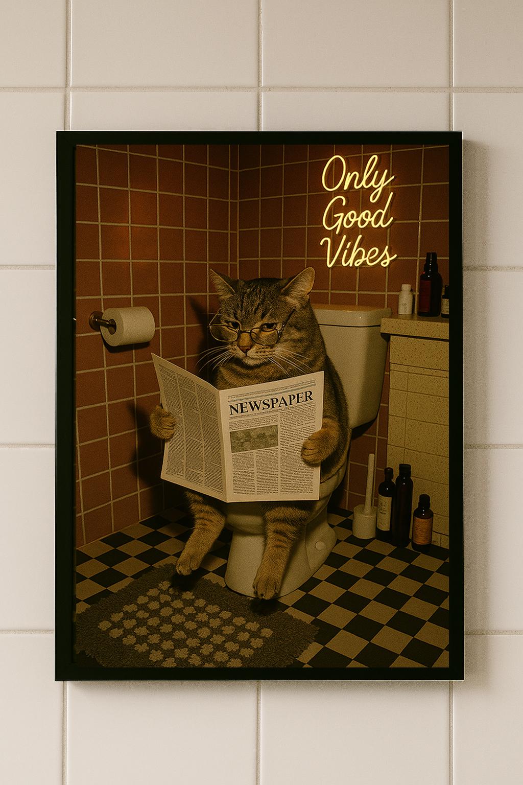 Poster Chat Toilette Humour - Déco Murale 40x30cm - Impression Papier Couché - Série Animaux - Sans Cadre