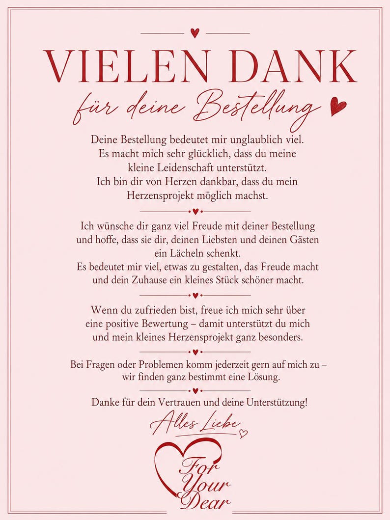Op de afbeelding: Een roze kaart met bordeauxrode tekst. De tekst luidt bovenaan "VIELEN DANK f&uuml;r deine Bestellung", gevolgd door een bedankbericht. De onderkant van de kaart heeft de woorden "For Your Dear" in een hart.