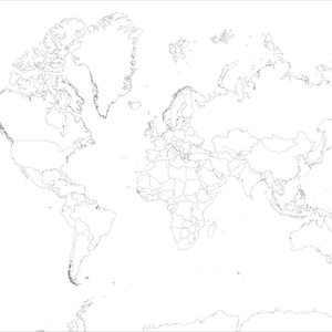 Carte du monde avec les pays, carte imprimable du monde, art mural, carte des aveugles, carte à colorier, pages à colorier, carte sans noms