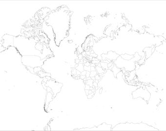 Mapa-múndi com países, mapa-múndi para imprimir, arte de parede, mapa sem nomes, mapa para colorir, páginas para colorir