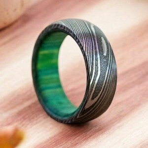 Damascus Steel Whiskey Barrel Steel Rings Dome Promise Ring Wood Wedding Ring Wood Inlay Engagement Ring Wedding Band Damascus Steel Rings.