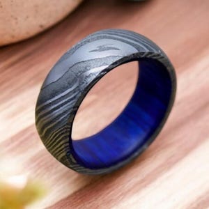 Damascus Steel Whiskey Barrel Steel Rings Dome Promise Ring Wood Wedding Ring Wood Inlay Engagement Ring Wedding Band Damascus Steel Rings