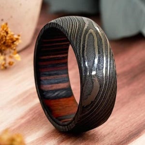 Damascus Steel Whiskey Barrel Dome Ring Engagement Ring Wedding Ring Wood Wedding Band Promise Ring Wood Inlay, Valentines Gift for Him