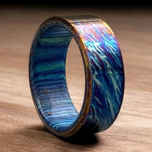 Unique Titanium Wood Inlay Ring Personalized Gift Colorful Titanium Ring For Men Titanium Pattern Heat Anodized Handcrafted Ring For Her