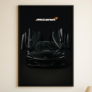 May include: A black McLaren sports car with the doors open, set against a black background. The McLaren logo is displayed above the car.