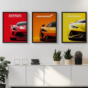 Set de 3 Pósters Supercar – Ferrari, McLaren, Lamborghini | Arte Automotriz Digital, Decoración de Pared, Descarga Instantánea