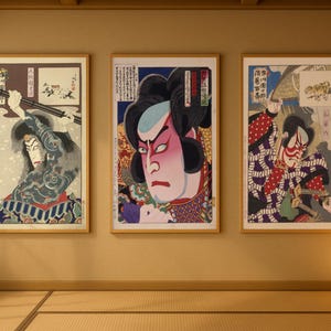 Set van 3 traditionele Japanse krijgerkunstafdrukken – Gedurfde Japanse Kabuki-acteurportretten, direct te downloaden