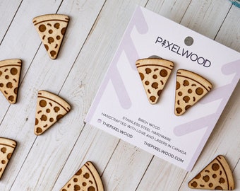 Pizza Stud Earrings | Birch Wood | Pizza Party Jewelry | Food Earrings | Stainless Steel Posts