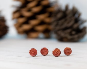 Purpleheart Wood Round Studs | Minimalist Accessory | Sustainable | Gifts for Nature Lovers | Wood Lovers | Resin + Stainless Steel